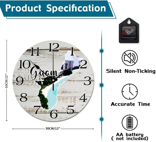 Miniatura 6 de Guam Map - Reloj de pared de viaje con paisaje urbano de Guam, atracciones turísticas, relojes de pared grandes de 12 pulgadas, funciona