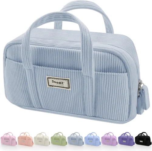 Miniatura 15 de Sooez Estuche grande para lápices, extra grande con 5 compartimentos, bolsa para bolígrafos de amplia apertura, organizador de pana suave con Beige