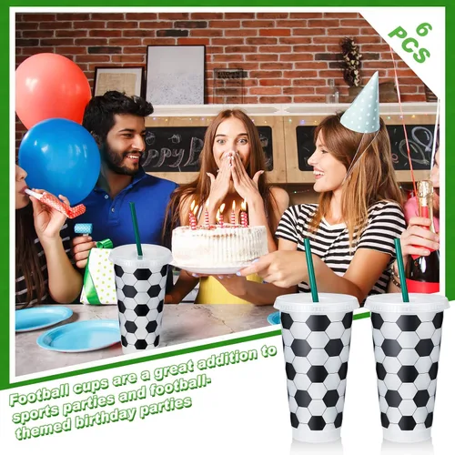 Miniatura 5 de Uiifan 6 Piezas Vasos de Fútbol de Plástico, Vasos Reutilizables a Granel con Tapa y Pajita, Regalos Deportivos para Entrenadores, Aficionados