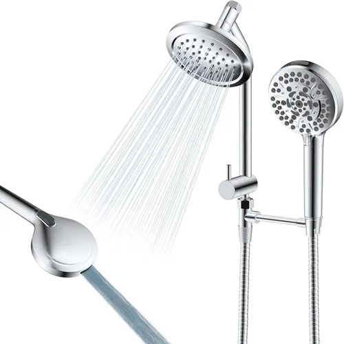Miniatura 16 de Cabezal de ducha doble de metal de fácil alcance, alta presión de mano de 10 rociadores y cabezal de ducha de lluvia con brazo de extensión