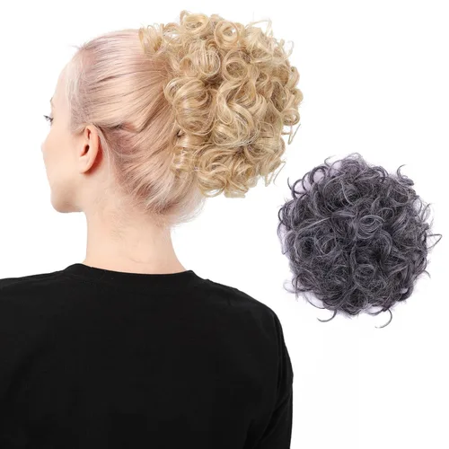 Miniatura 19 de Moño de cabello rizado desordenado, pieza de cabello sintético resistente al calor, extensiones de moño de cabello despeinado con cordón Updos Negro