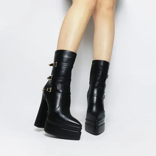 Miniatura 5 de Artrotter Botas de plataforma puntiaguda para mujer, botas de combate de tacón alto con cremallera de tamaño, botines de plataforma doble apilada
