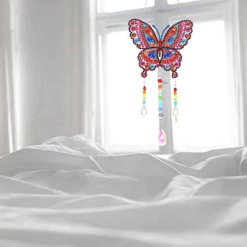 Miniatura 9 de Campanillas de viento de animales con pintura de diamantes 5D, kits de pintura de diamante de mariposa por números, colgante con cadena
