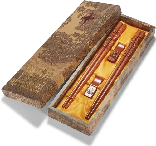 Palillos reutilizables chinos FU/Fortune con soporte y bolsa de transporte, juego de regalo con estilo tradicional chino (2 pares)