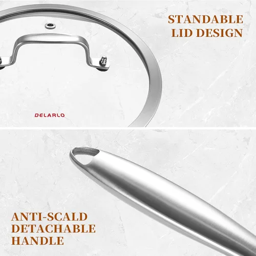 Miniatura 3 de DELARLO Sartén de Acero Inoxidable de Tres Capas de 3QT con Tapa, Sartén Profunda de 12 Pulgadas, Sartén Grande de Inducción, Sartén de Cocina, Apto
