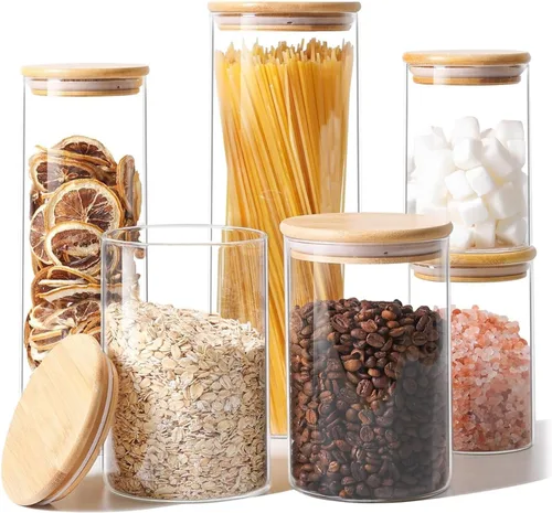 ComSaf Juego de 6 tarros de vidrio para almacenamiento de alimentos, recipientes de almacenamiento de vidrio transparente con tapas, juegos de
