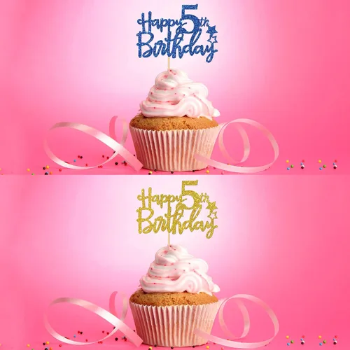 Miniatura 4 de Decoración para cupcakes de cumpleaños de 5 años, suministros para cupcakes de cumpleaños de 5 años, decoraciones para fiestas de cumpleaños de 5