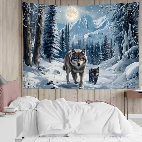 Miniatura 17 de LB Tapiz de Bosque de Nieve de Invierno, Pino Negro y Verde con Copo de Nieve Blanco Tapiz de Pared para Dormitorio, Arte de Pared de Paisaje