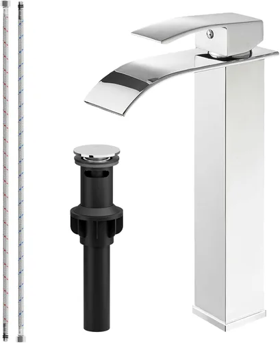 Miniatura 9 de Grifo de fregadero de recipiente con cascada, grifo de baño mate negro de acero inoxidable, alto, de una sola manija, un agujero, montaje