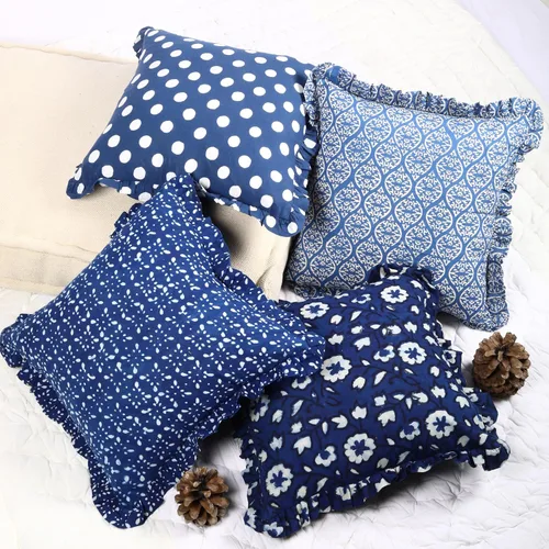 Miniatura 4 de Trade Star Juego de 4 fundas de almohada 100% algodón índigo, con volantes, súper suaves, altamente duraderas, hechas a mano, juego de 4 fundas