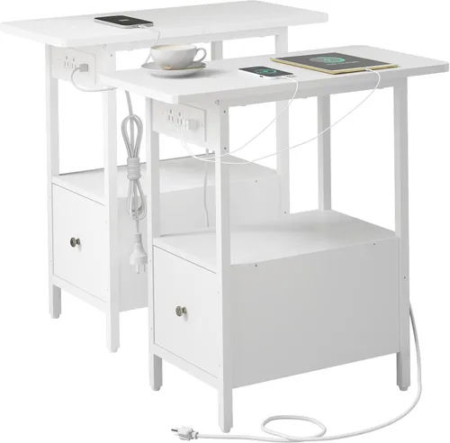 Miniatura 13 de LIDYUK Mesa auxiliar con estación de carga, mesa auxiliar estrecha con cajón, puertos USB y tomas de corriente, mesita de noche para espacios Negro