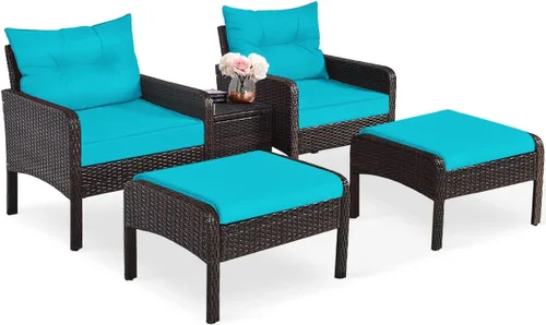 Miniatura 8 de Juego de muebles de mimbre para patio, juego de conversación de mimbre modular para exteriores con 2 otomanas y mesa de centro de vidrio templado