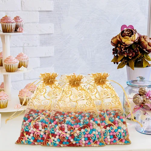 Miniatura 6 de Staruby Bolsas de regalo de organza doradas con cordón de 50 unidades de 4x6 pulgadas y 50 unidades de 5x7 pulgadas, bolsas de malla para regalos