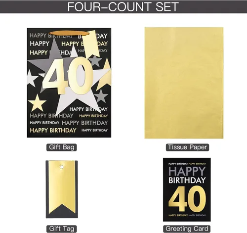Miniatura 6 de Loveinside Bolsa de regalo de cumpleaños con papel de seda y tarjeta de felicitación para cumpleaños 40 – 10 x 5 x 13 pulgadas, 1 unidad, oro negro
