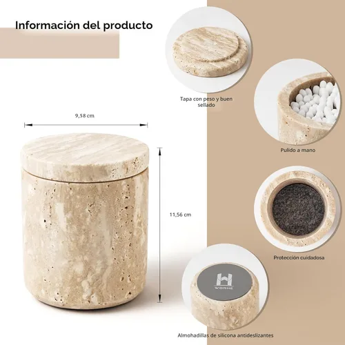 Miniatura 3 de Travertine Dispensador de Hisopos con Tapa para Hisopos de Algodón, Bolas, Almohadillas, Palillos de Hilo Dental, Frasco de Boticario de Mármol
