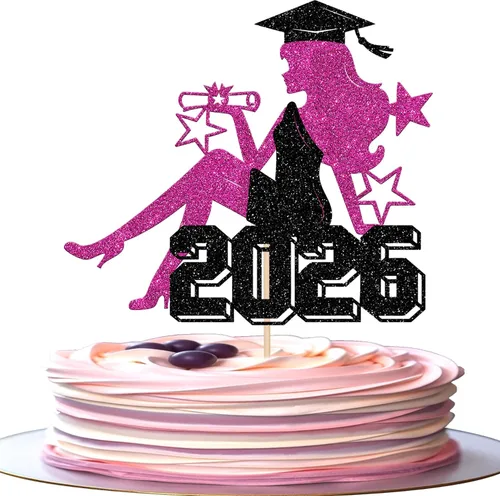 Miniatura 14 de Rsstarxi 1 paquete de decoración de pastel con purpurina para la clase de 2026, decoraciones de graduación 2026, tapa de felicitaciones