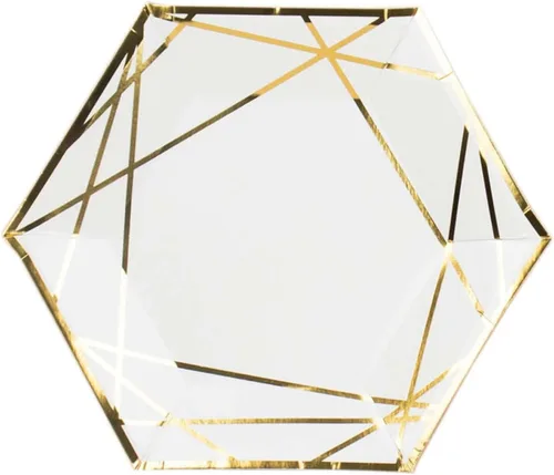 Miniatura 7 de Efavormart - Paquete de 25 platos hexagonales de papel blanco y dorado de 7 pulgadas, platos geométricos rígidos para postres y aperitivos