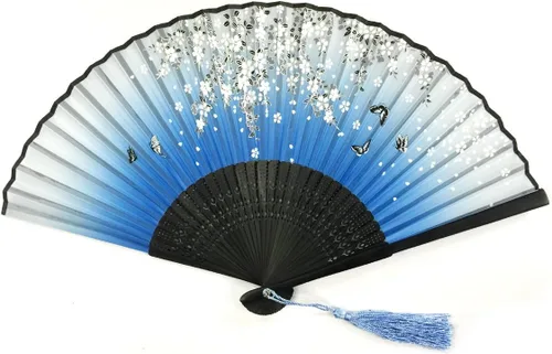 Miniatura 5 de Wrapables® Ventilador plegable de mano de seda con borla y funda protectora, hojas de bambú