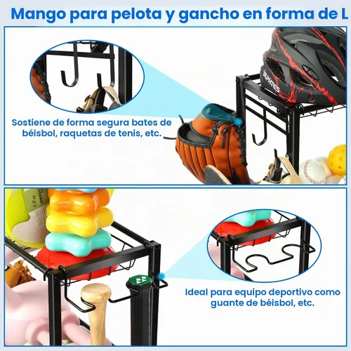 Miniatura 4 de Kinghouse Organizador de equipo deportivo de garaje, estante deportivo con ganchos, con cubo de almacenamiento de pelota de 37 galones