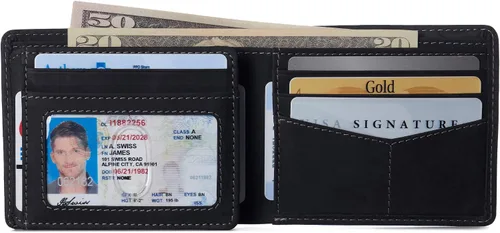 Miniatura 19 de Alpine Swiss RFID - Cartera de piel con 2 compartimentos para documentos de identidad, con ventana dividida, sección para billetes, en caja de regalo