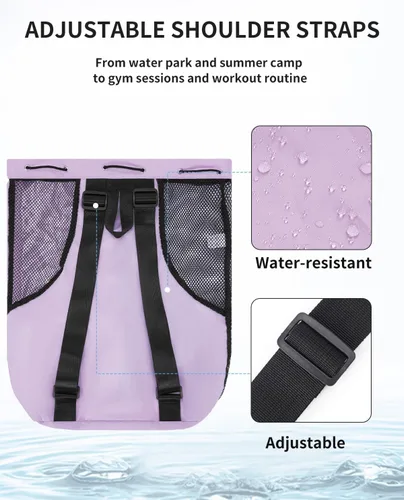 Miniatura 6 de WANDF Mochila de Malla con Cordón para Natación, con Bolsillo para Artículos Húmedos, para Natación, Gimnasio y Equipo de Entrenamiento Púrpura