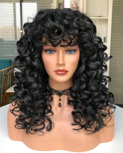 Miniatura 2 de Pelucas afro rizadas para mujeres negras, peluca larga y rizada con flequillo, fibra sintética esponjosa, sin pegamento, para cosplay y uso diario