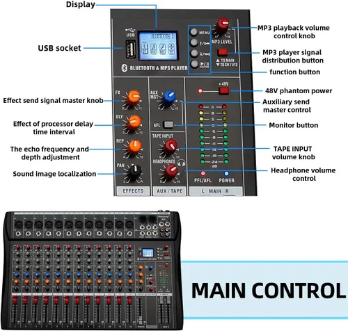Miniatura 9 de Depensheng DX12 - Interfaz de controlador de sonido DJ con unidad USB para grabación de computadora, mezclador de audio de estudio de 12 canales