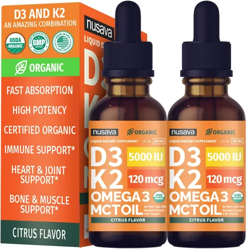 Miniatura 13 de Paquete de 2 gotas orgánicas de vitamina D3 K2 con aceite MCT y Omega 3 - Vitamina líquida D3 5000 UI - Suplemento de vitamina K2 D3 - Gotas