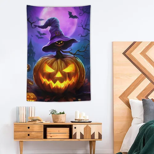 Miniatura 4 de josnmre Tapiz morado con diseño de murciélago y fantasía, fantasma, para colgar en la pared, divertido tapiz de pared de calabaza para dormitorio
