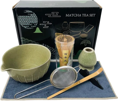 AIYICIII Juego de batidor de matcha (7 piezas) – Juego de matcha con batidor, cuenco de boquilla para verter (15 onzas), soporte para Chasen, tamiz