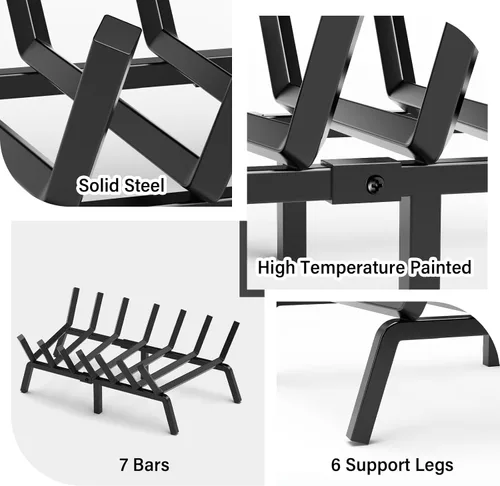 Miniatura 8 de SNOGSWOG Rejilla de chimenea de 24 pulgadas, estante para leña de acero sólido, rejillas de fuego resistentes, estante de chimenea negro mate