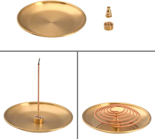 Miniatura 5 de OIIKI Quemador de incienso 3 en 1, soporte de incienso de latón de 6.7 pulgadas, colector de cenizas de cono de aleación para uso en interiores