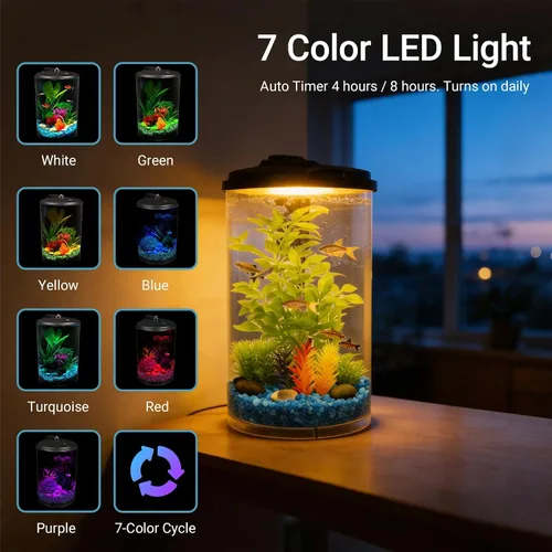 Miniatura 4 de Koller Products Acuario 360 de 3 galones con iluminación LED (7 opciones de color) y filtro de potencia, ideal para una variedad de peces