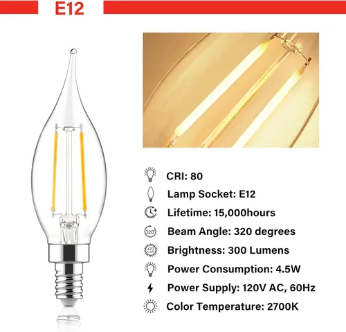 Miniatura 2 de Bombillas LED E12 para candelabros equivalentes a 60 W, bombillas de vela con punta de llama CA10 regulables, luz blanca suave de 2700 K, bombilla