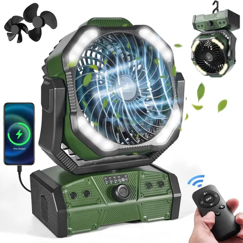 Odoland Ventilador de campamento de 40000 mAh con luz LED, ventilador de escritorio oscilante a batería con control remoto y gancho, ventilador Verde
