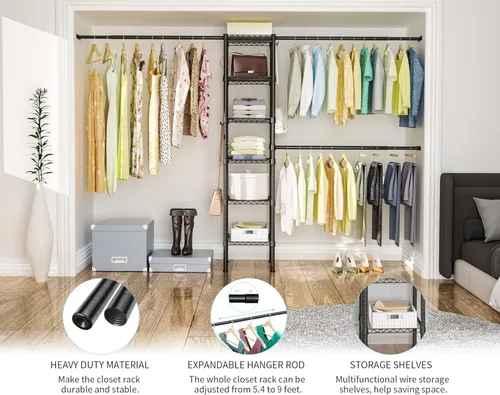 Miniatura 2 de Ulif M1 Sistema Organizador de Almacenamiento para Closet, Perchero de Ropa de Metal Resistente de 6 Niveles con 3 Varillas Extensibles para Colgar