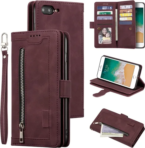 Miniatura 25 de UEEBAI Funda tipo cartera para iPhone SE 2022 5G/iPhone 7/iPhone 8/iPhone SE 2020, retro con 9 ranuras para tarjetas, bolsillo con cremallera, funda