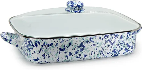 Miniatura 7 de Golden Rabbit Enamelware - Sartén para asar con tapa, 10.5 cuartos de galón, Black Swirl