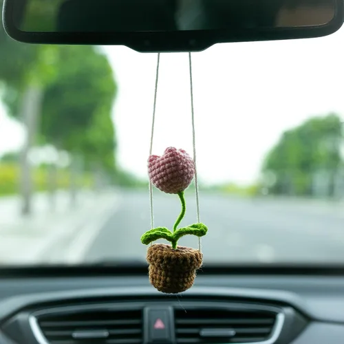 Tulip - Adorno de ganchillo hecho a mano para automóvil, bonita flor de tulipán rosa, flor en maceta, cesta bohemia de punto para espejo retrovisor,