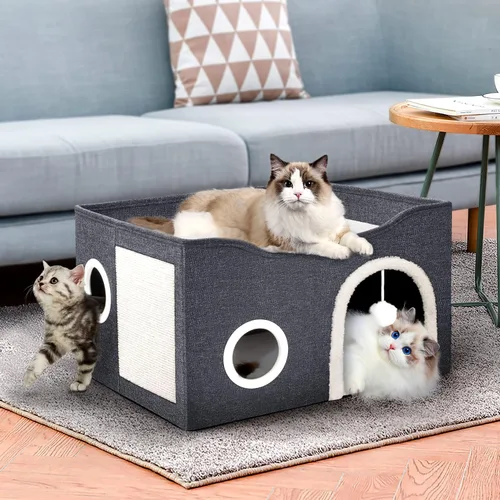 Miniatura 5 de Heeyoo - Casa para gatos de interior, cueva grande con cama para gatos con bola esponjosa y almohadilla para arañar, casas y condominios plegables