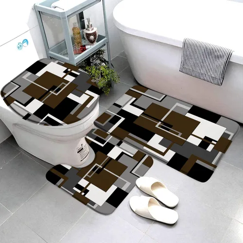 Miniatura 5 de Juego de 3 tapetes de baño geométricos rojos, negro, blanco y gris, líneas minimalistas abstractas geométricas de mediados de siglo, cubierta