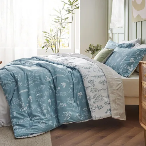 Miniatura 4 de Bedsure - Juego de edredón California King, juego de ropa de cama azul mineral, 3 piezas de ropa de cama floral bonita, 1 edredón reversible suave