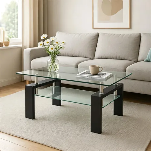 Meihua Mesa de Centro de Vidrio Rectangular de 2 Niveles Mesa de Té Mesa de Centro Moderna para Sala de Estar Transparente