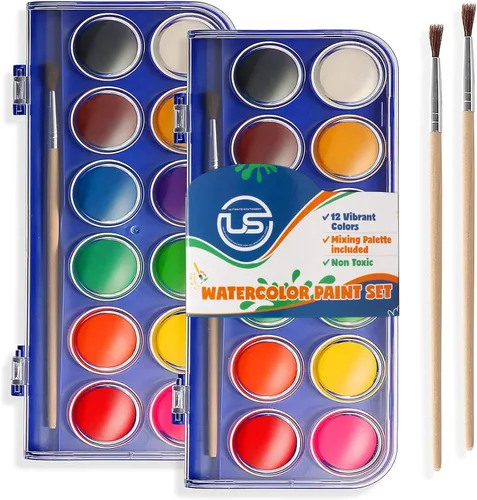 Juego de 2 pinturas de acuarela, 12 colores vivos, incluye paleta de mezcla de acuarela y 2 pinceles, perfecto para artistas, pintores