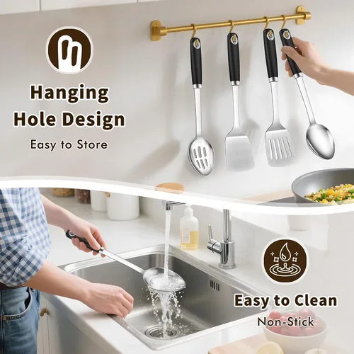 Miniatura 6 de Juego de 4 utensilios de cocina de acero inoxidable, herramientas de cocina de metal resistentes al calor, incluye espátula Wok sólida y ranurada