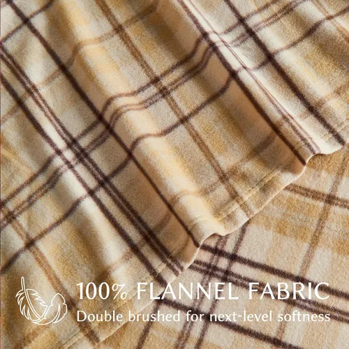 Miniatura 3 de HYPREST Sábanas de franela tamaño King, sábanas a cuadros de doble cepillado, color beige camello, sábanas cálidas de invierno mullidas