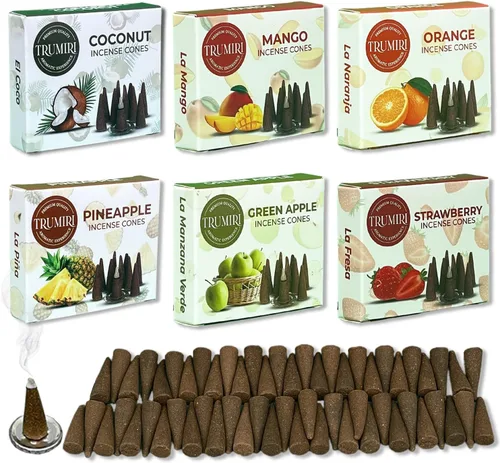 Trumiri Conos de Incienso Frutales - Paquete de Variedad - Total 60 Conos de Incienso (6 Aromas x 10 Conos) - Fresa, Coco, Piña, Manzana, Mango,