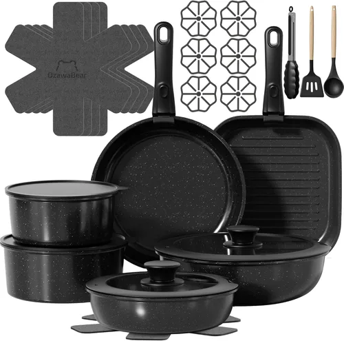Juego de 26 piezas de ollas y sartenes antiadherentes, juego de utensilios de cocina de cerámica no tóxico con mangos desmontables, juego de cocina