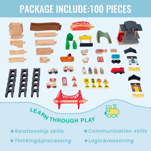 Miniatura 2 de 100 piezas de juego de tren de madera para niños de 3 años, juego de tren de doble cara con pistas, puente, estación de tren y caja de 100