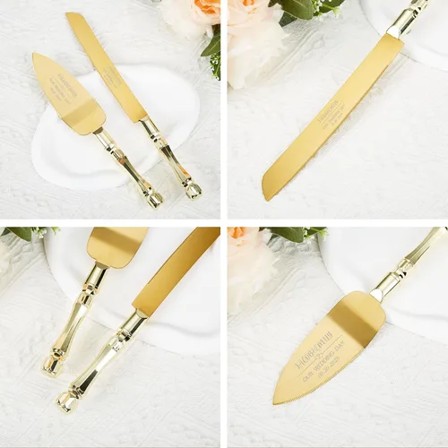 Miniatura 5 de Juego de cuchillo personalizado para tartas y servidor, cuchillo y servidor para tartas doradas, cubiertos de boda personalizados para una ceremonia